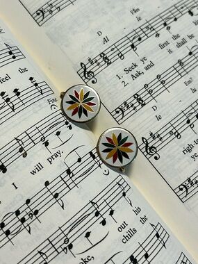 Vintage PA Dutch Hex Sign Star Earrings Cloisonné Enamel Gold Tone Screw Back